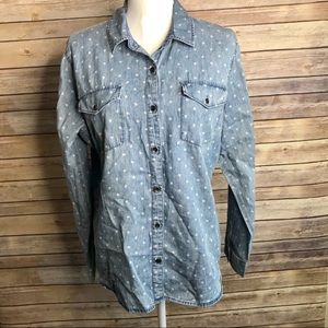 Faded Glory Plus Size Polka Dot Denim Button Shirt